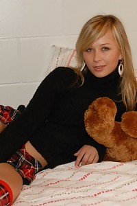 Maria Clothing Seduces You Out Of Her White Blouse And Red Miniskirt Down To Just Her Attractive White Nylons.